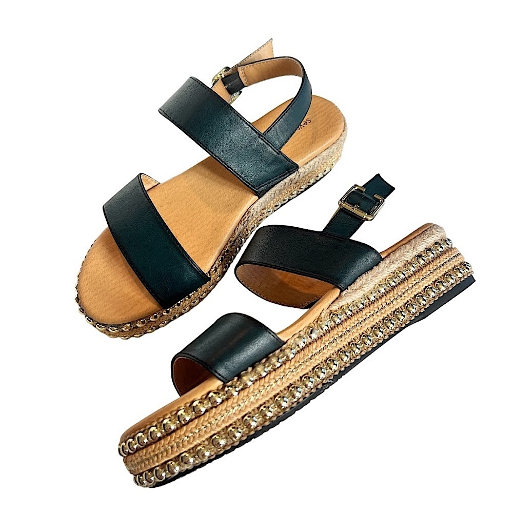 Seven Dials Berenice Black Gold Studded Platform Espadrille Sandals Size 7